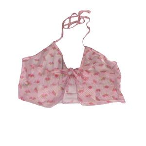 ROMWE strawberry sheer halter top front tie scrappy pink Y2K large